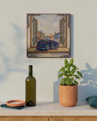 Mural in ceramica gatto finestra, arte murale piastrelle