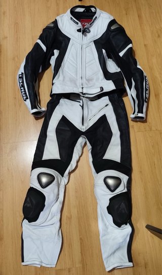 Traje de moto de cuero TSCHUL blanco y negro
