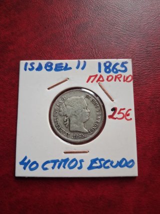 Moneda 40 Céntimos de Escudo Isabel II 1865 plata