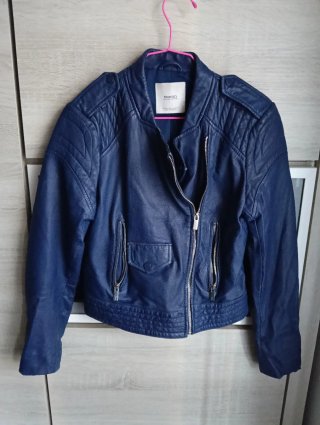 Chaqueta Biker de Piel Azul Mango