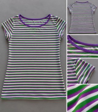 Camiseta de rayas moradas y verdes