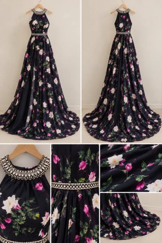 Vestido largo estampado con pedrería