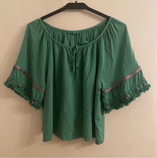 Blusa Verde Manga Corta con Flecos