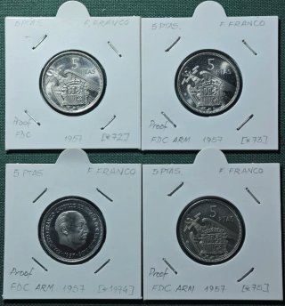 5 PESETAS FRANCO 1957 (72)(73)(74)(75) ARM PROOF