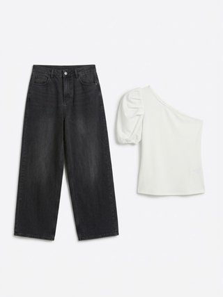 Conjunto Pantalón Ancho Negro y Blusa Blanca