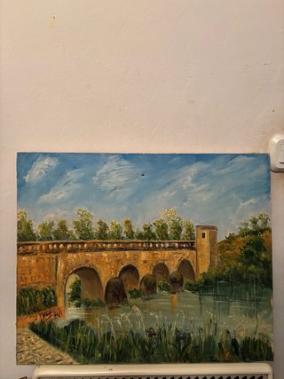 Cuadro al óleo de puente antiguo