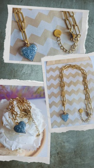 Collar Eslabones con Charm Corazón Azul plateado