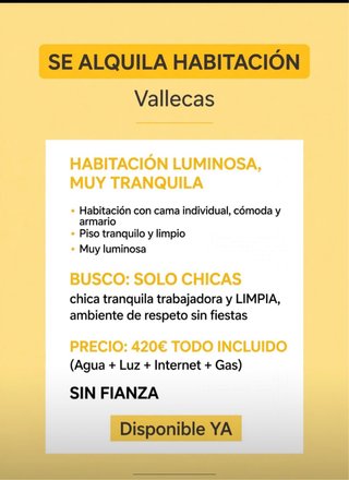 Alquiler, Habitación en Vallecas