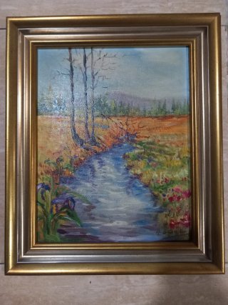 Cuadro al óleo paisaje con marco dorado