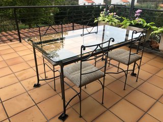 Conjunto Mesa y 4 Sillas de Forja y Cristal
