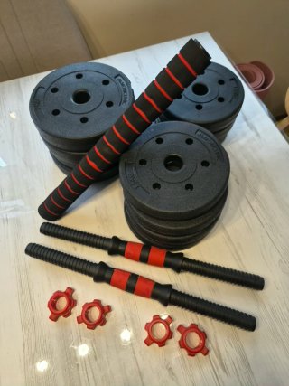 Set de Mancuernas y Barra con Discos