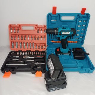 Lote de 4 Herramientas+ Taladro y Foco+batería LED