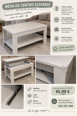Mesa de Centro Elevable Blanca