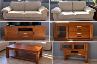 Conjunto de salón: 2 sofás y muebles de madera