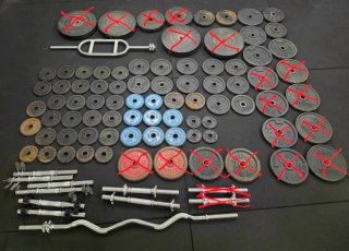 Lote gimnasio, discos 226 kg + 12 Barras