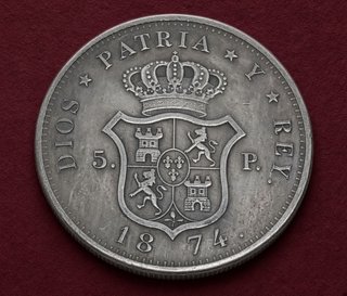 Moneda 5 Pesetas 1874 Dios Patria y Rey