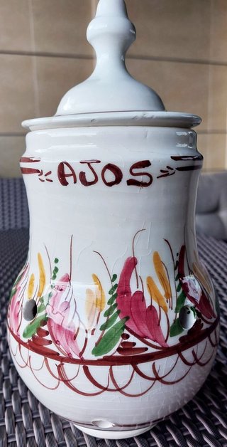 Bote de cerámica para ajos antiguo, ajero de cerám
