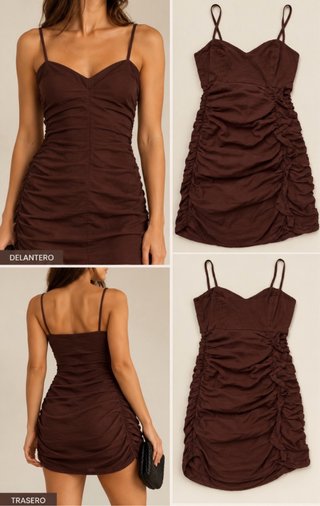 Vestido corto con frunces marrón