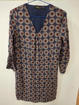 Vestido Recto Estampado Azul y Burdeos