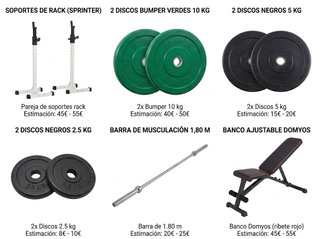 Pack Completo Gimnasio: Banco, Barra y Discos