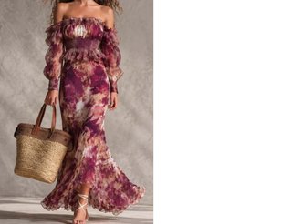 Vestido Maxi de Gasa Rosa con Hombros Descubiertos
