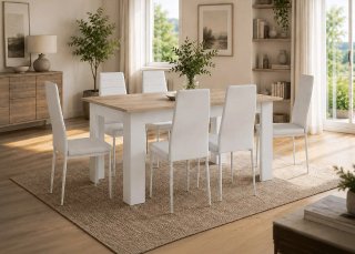 MESA CAMBRIAN BLANCO CON 6 SILLAS POLIPIEL