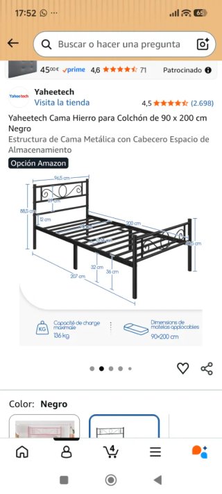 Cama de Hierro Blanca 90x200 cm