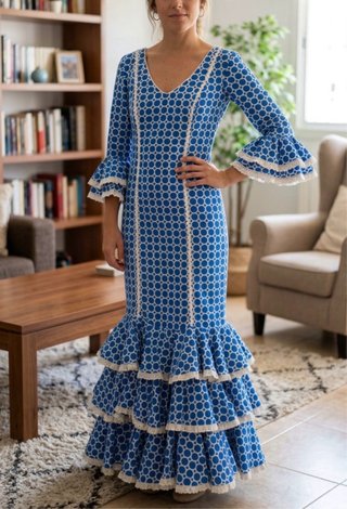 Traje de flamenca azul y blanco círculos