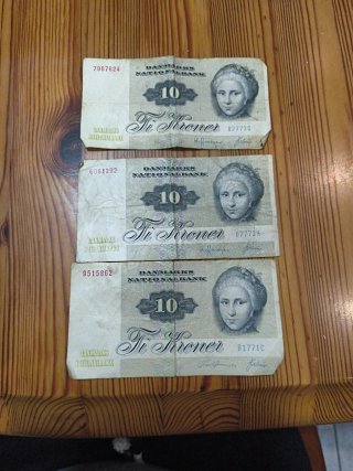 3 Billetes de 10 Kroner Dinamarca 1972 Subasta