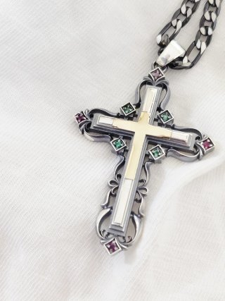 Collar Cruz de Plata y Oro 18k Rubís Esmeraldas