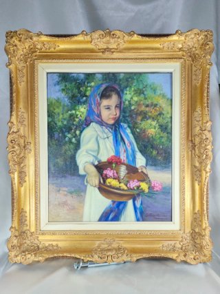 Pintura al óleo: Niña con cesto de flores