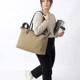 Bolso Tote de Lona Beige con Asas de Piel