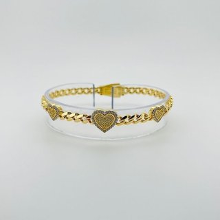 PULSERA BARBADA 3 CORAZONES Y CIRCONITAS. Oro 18k