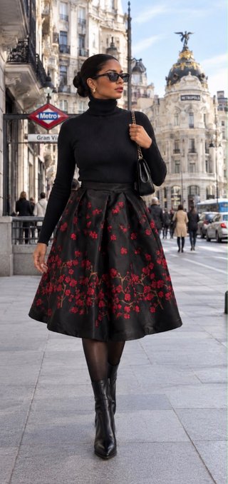 Falda Midi Negra con Estampado Floral Rojo