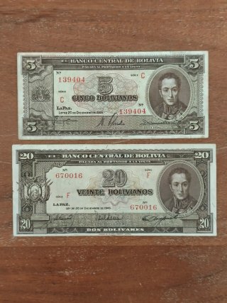 Lote 2 billetes Bolivia 1945