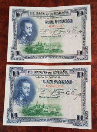 ESPAÑA - 2 Billetes 100 Ptas 1925 Num. consec.