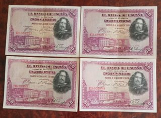 ESPAÑA Lote 4 Billetes 50 Pesetas 1928 Dif. series