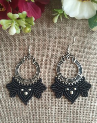 Pendientes Boho Macramé Negro y Plateado