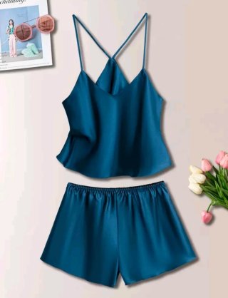 Conjunto de Pijama de Satén Azul Petróleo