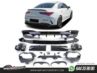 DIFUSOR TRASERO NEGRO BRILLO CON COLAS REDONDAS NEGRAS PARA MERCEDES CLA C118