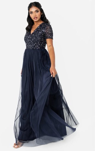 Vestido largo azul de tul y lentejuelas