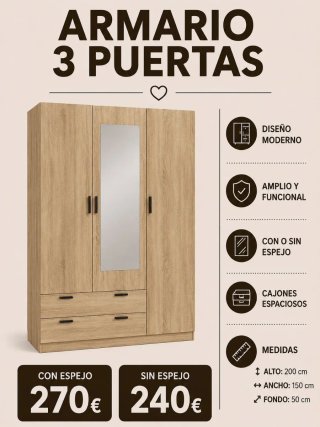 Armario de 3 Puertas con Espejo