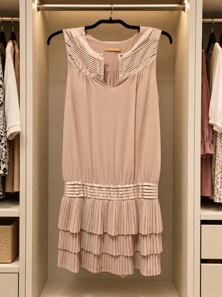 Vestido Beige con Detalles Plisados