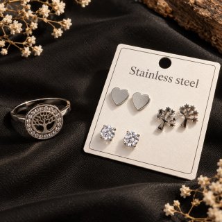 Conjunto de Joyas: Anillo y 3 Pares de Pendientes