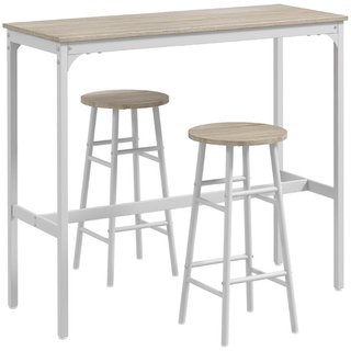 Mesa alta y 2 taburetes de bar, acero y MDF, roble