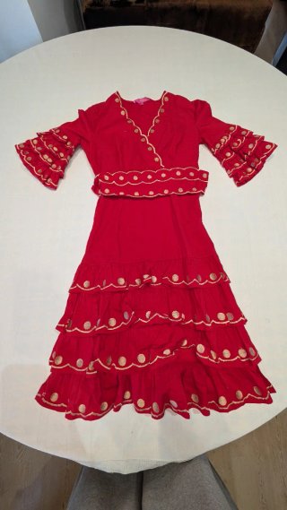 546 Vestido de fiesta rojo con volantes talla XS