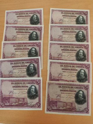 10 Billetes de 50 Pesetas Velázquez (1928)