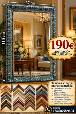 Espejo con Marco Tallado Azul y Dorado