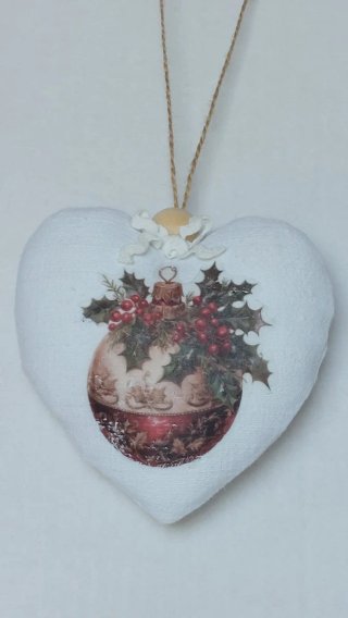 Decorazione natalizia a cuore in tela antica 13 cm