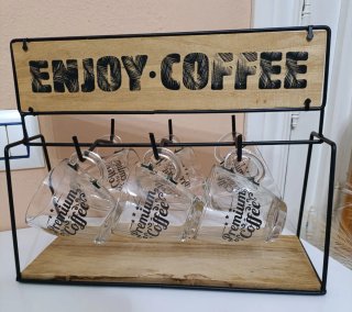 Juego de café con soporte de forja y madera